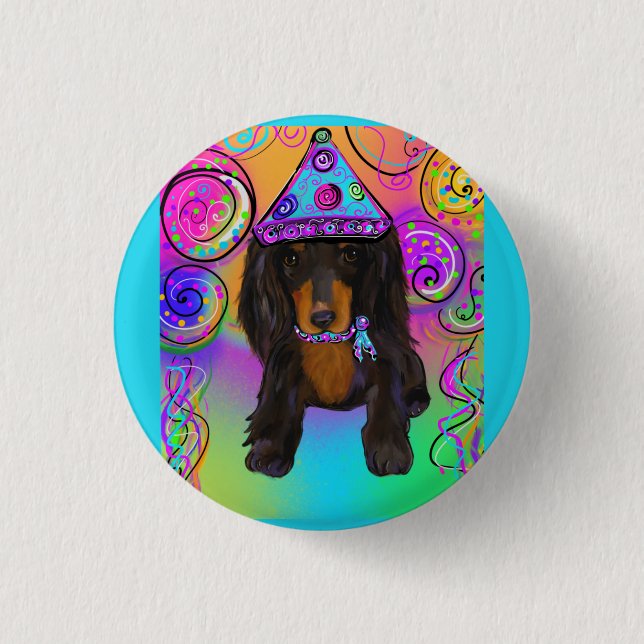 LONG HAIRED BLACK DOXIE    3 CM ROUND BADGE (Front)