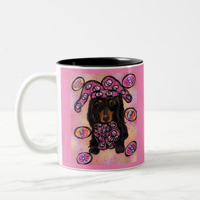 Long Haired Black Doxie Easter Two-Tone Coffee Mug (Left)