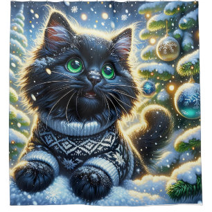 “Long-Haired Black Kitten’s First Christmas”  Shower Curtain