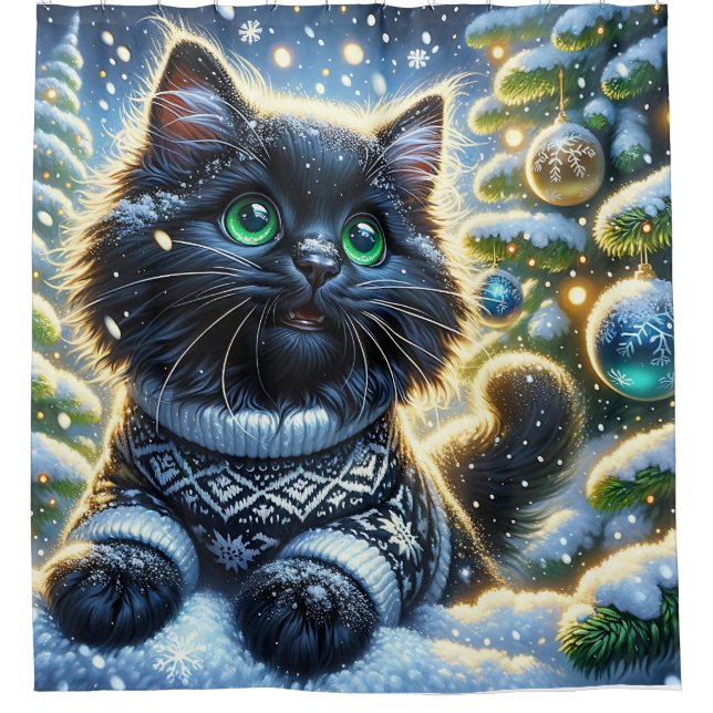 “Long-Haired Black Kitten’s First Christmas”  Shower Curtain (Front)