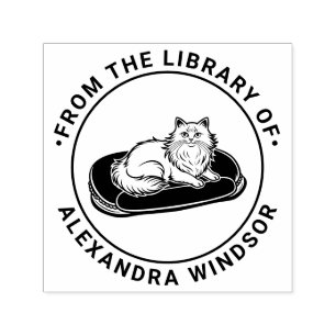 Long Haired Cat on Bed Library Book Name Self-inking Stamp