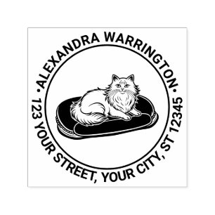 Long Haired Cat on Bed Name Return Address Self-inking Stamp