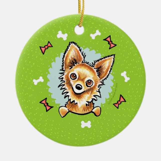 Long Haired Chihuahua Christmas Wreath Ceramic Tree Decoration (Front)