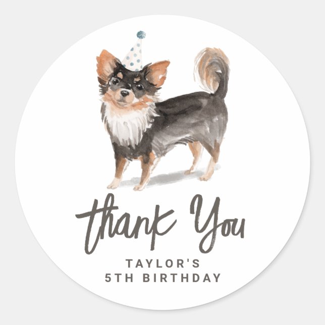 Long Haired Chihuahua Dog Birthday Thank You Classic Round Sticker (Front)