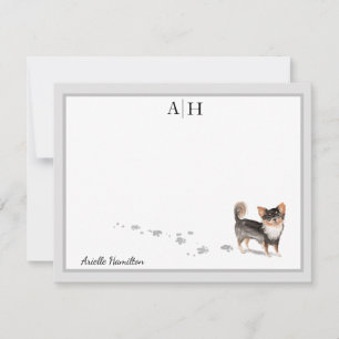 Long Haired Chihuahua Dog Grey Border Monogram Card