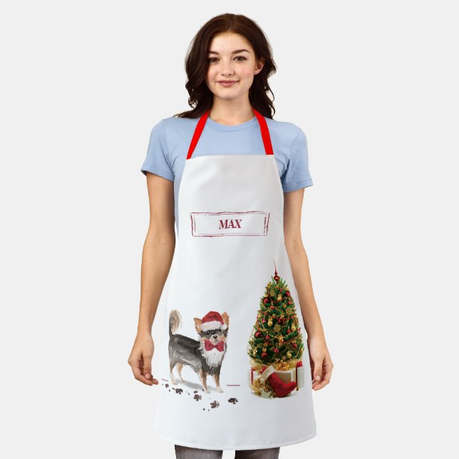 Long Haired Chihuahua Funny Christmas Dog Tree Apron (Worn)