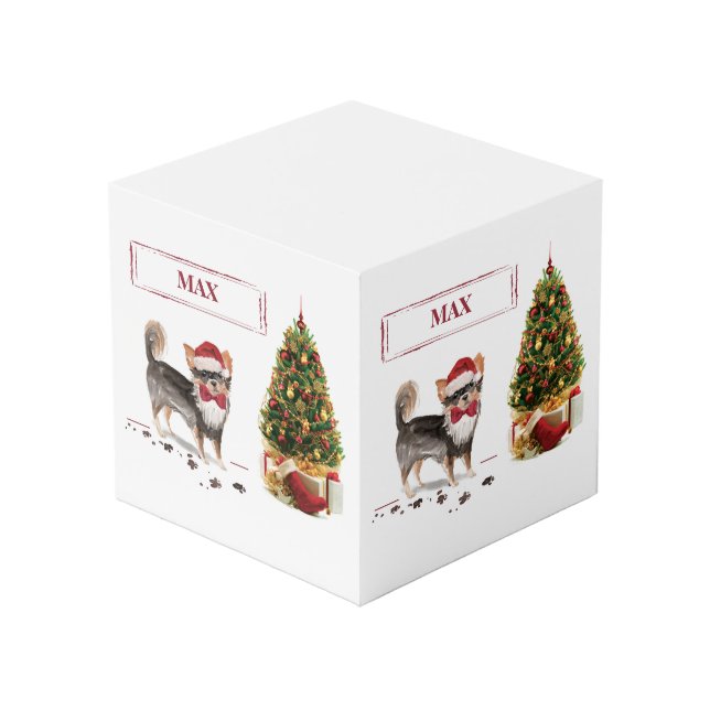Long Haired Chihuahua Funny Christmas Dog Tree Cube (Back Angled)
