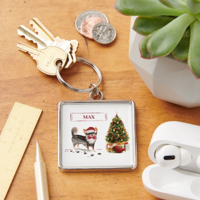 Long Haired Chihuahua Funny Christmas Dog Tree Key Ring (Desk)