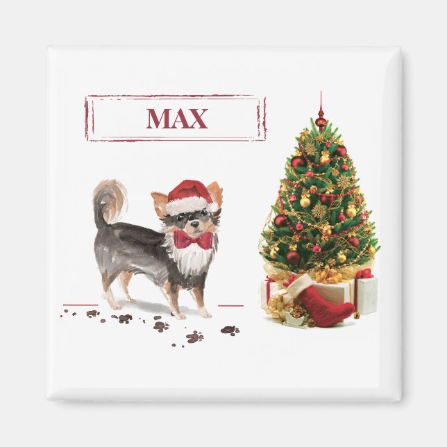 Long Haired Chihuahua Funny Christmas Dog Tree Magnet (Front)