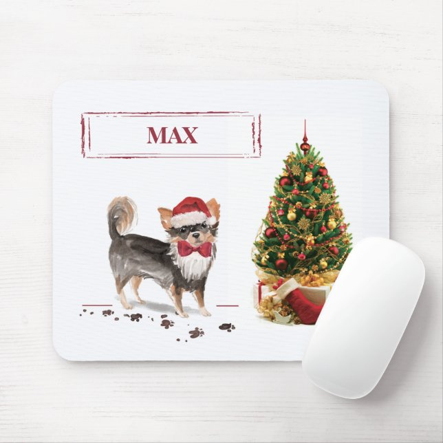 Long Haired Chihuahua Funny Christmas Dog Tree Mouse Mat (With Mouse)