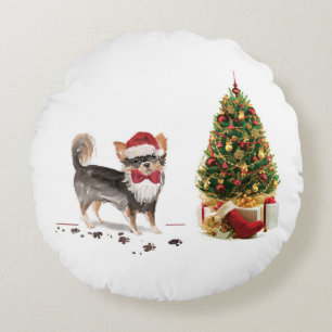 Long Haired Chihuahua Funny Christmas Dog Tree Round Cushion