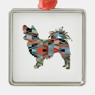 Long Haired Chihuahua Geo Silhouette Plaid Metal Tree Decoration