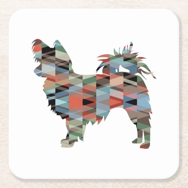 Long Haired Chihuahua Geo Silhouette Plaid Square Paper Coaster (Front)