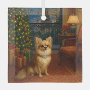 Long-haired Chihuahua Holiday Glass Tree Decoration