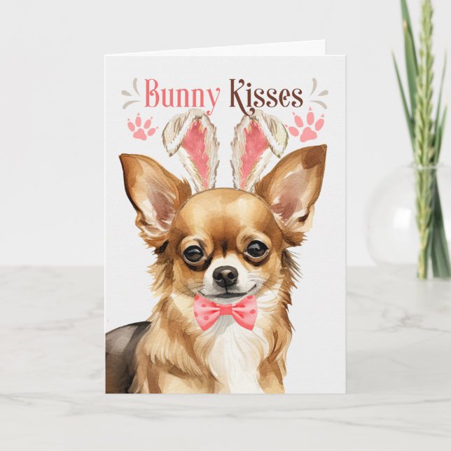 Long Haired Chihuahua in Bunny Ears for Easter Holiday Card (Front)