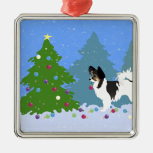 Long-haired Chihuahua or Papillon Decorating Tree Metal Tree Decoration