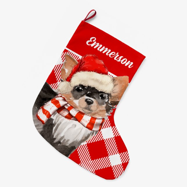 Long Haired Chihuahua Red Plaid with Dog's Name La Large Christmas Stocking (Front (Hanging))