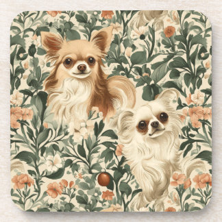 Long Haired Chihuahuas William Morris style floral Coaster