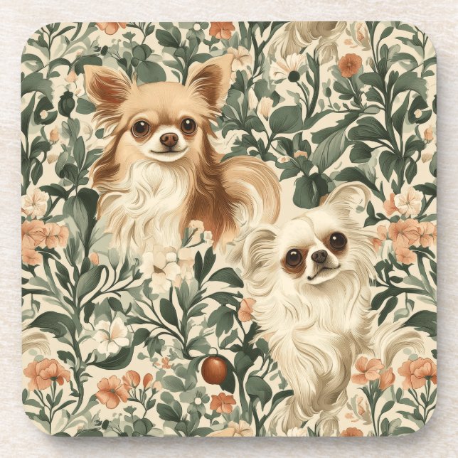 Long Haired Chihuahuas William Morris style floral Coaster (Front)