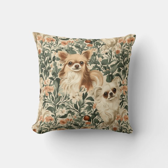 Long Haired Chihuahuas William Morris style floral Cushion (Front)