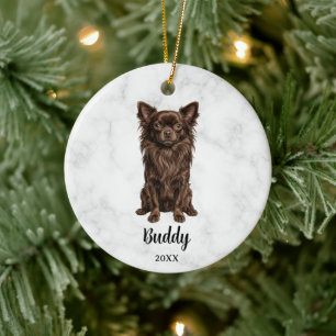 Long-Haired Chocolate Chihuahua Name Dog Memorial Ceramic Tree Decoration