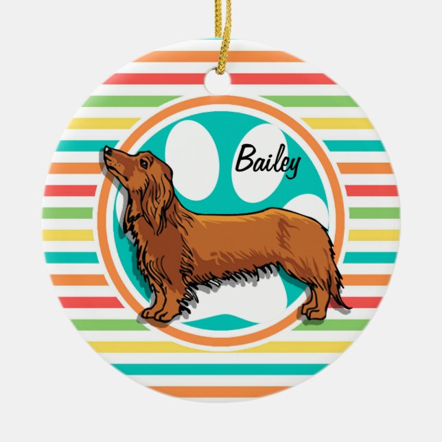 Long-haired Dachshund; Bright Rainbow Stripes Ceramic Tree Decoration (Front)