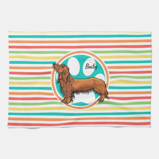 Long-haired Dachshund; Bright Rainbow Stripes Tea Towel (Horizontal)