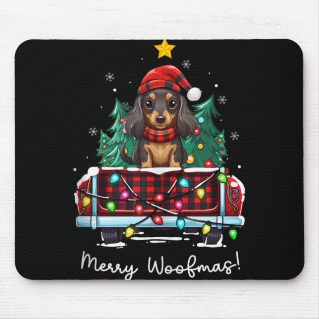 Long Haired Dachshund Christmas Dog Truck Plaid Fu Mouse Mat (Front)