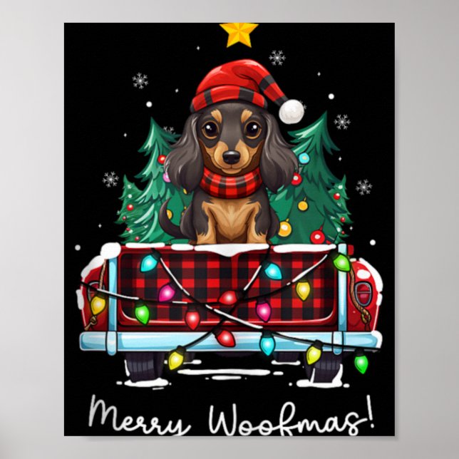 Long Haired Dachshund Christmas Dog Truck Plaid Fu Poster (Front)