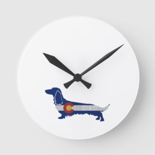 Long Haired Dachshund Colorado Flag Silhouette Round Clock