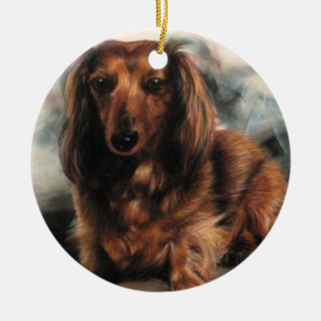 Long Haired Dachshund dog Ceramic Tree Decoration (Front)