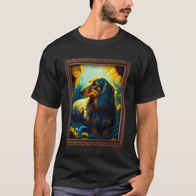 Long Haired Dachshund Doxie Painting Sunflower Flo T-Shirt (Front)