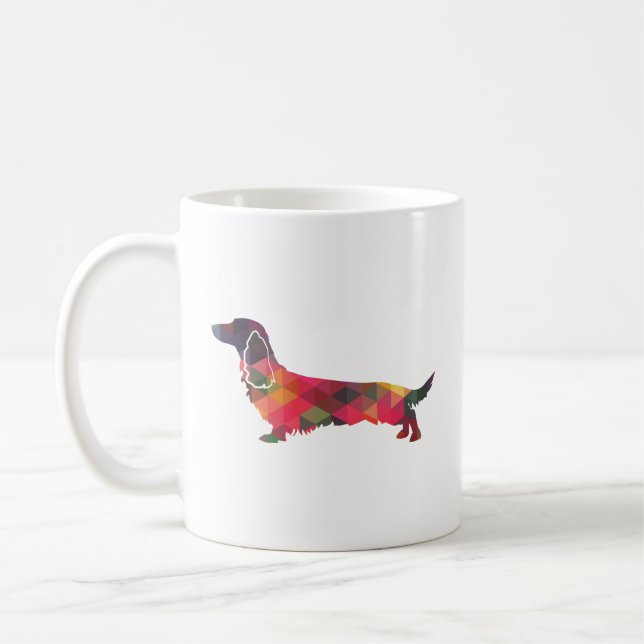 Long Haired Dachshund Geo Silhouette Multi Coffee Mug (Left)