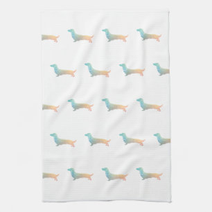 Long Haired Dachshund Geo Silhouette Pastel Tea Towel