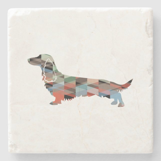 Long Haired Dachshund Geo Silhouette Plaid Stone Coaster (Front)