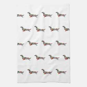 Long Haired Dachshund Geo Silhouette Plaid Tea Towel