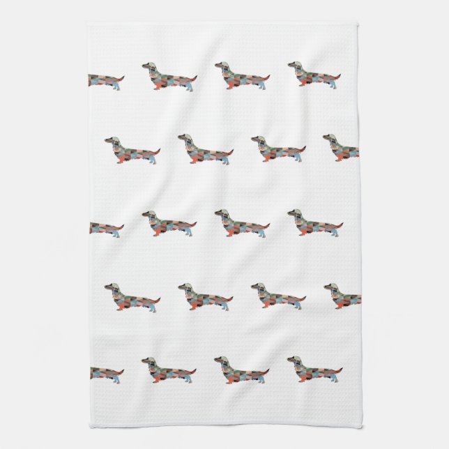 Long Haired Dachshund Geo Silhouette Plaid Tea Towel (Vertical)