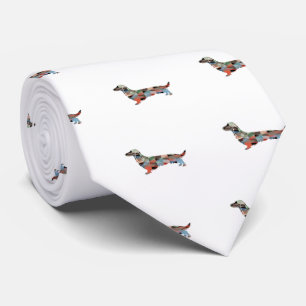 Long Haired Dachshund Geo Silhouette Plaid Tie
