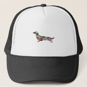 Long Haired Dachshund Geo Silhouette Plaid Trucker Hat