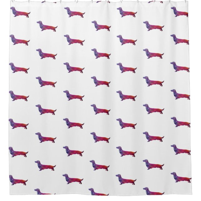 Long Haired Dachshund Geo Silhouette Purple Shower Curtain (Front)