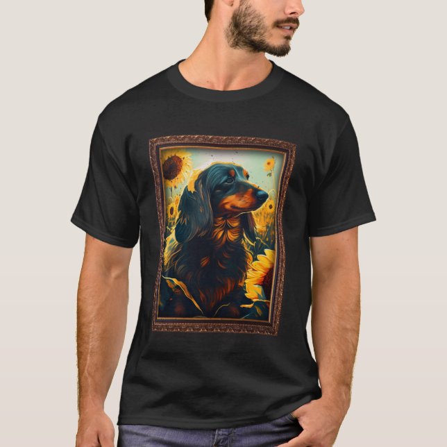 Long Haired Dachshund Painting Sunflower Flower Mo T-Shirt (Front)