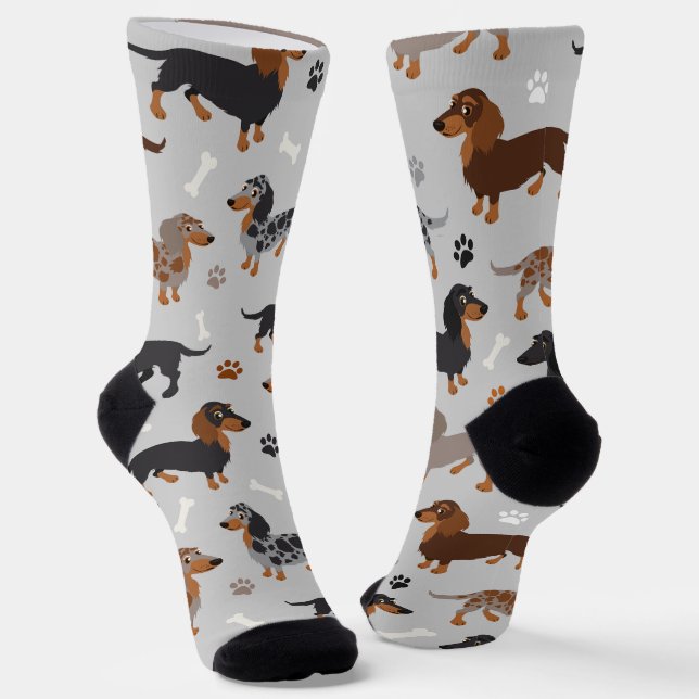Long haired Dachshund Paws and Bones Pattern Socks (Angled)
