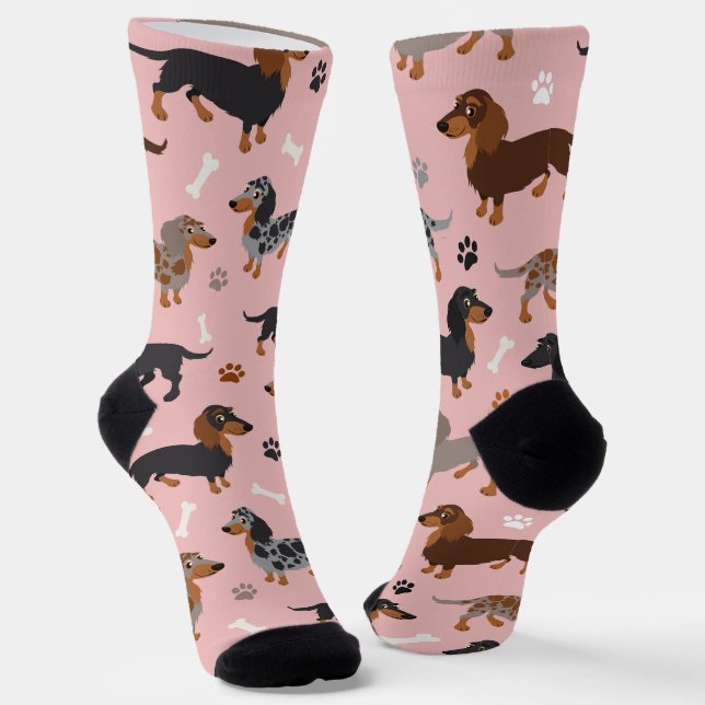 Long haired Dachshund Paws and Bones Pattern Socks (Angled)