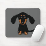Long Haired Dachshund Puppy Cute Dog Cartoon Mouse Mat<br><div class="desc">Cute Longhaired Black and Tan Dachshund Cartoon Dog with Long Fuzzy Ears and Eyes Looking Up. An adorable Doxie puppy dog looking very sweet and maybe a little bit guilty. A fun mousepad to keep you company during long work hours at the computer. This original wiener dog mousepad makes a...</div>