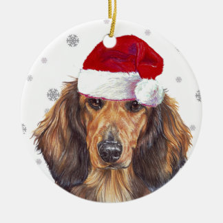 Long Haired Dachshund - Santa Hat Christmas Bauble Ceramic Tree Decoration