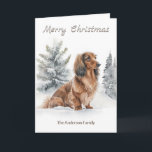 Long Haired Dachshund Sausage Dog Merry Christmas Holiday Card<br><div class="desc">Send seasonal greetings with this delightful doxie-themed Christmas card. The design features a watercolor-style illustration of an adorable long-haired dachshund, in a winter wonderland of snow and evergreen trees. The words 'Merry Christmas' appear above the picture, while inside the card is the greeting 'With best wishes for Christmas and the...</div>