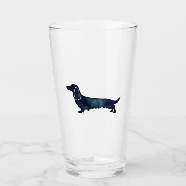 Long Haired Dachshund Silhouette Black Watercolor Glass (Front)