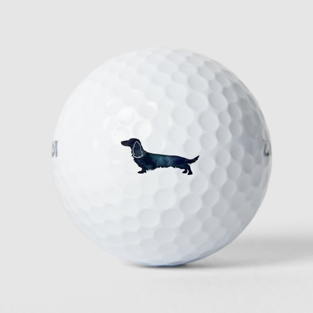 Long Haired Dachshund Silhouette Black Watercolor Golf Balls (Front)