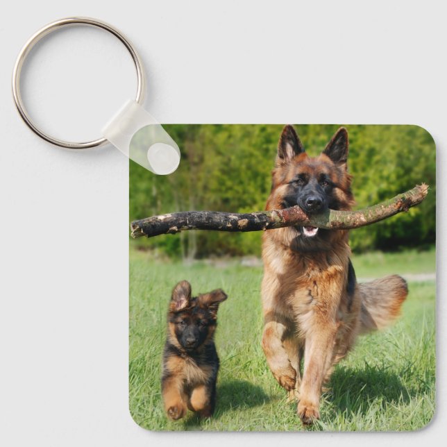 Long Haired Fluffy German Shepherd Dog and Puppy Key Ring (Front)