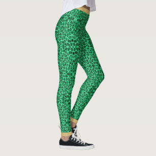 Long Haired Green Leopard Skin Print Gold Glitter Leggings